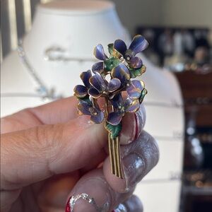Antique Floral Enamel Brooch with Purple and Green Accents